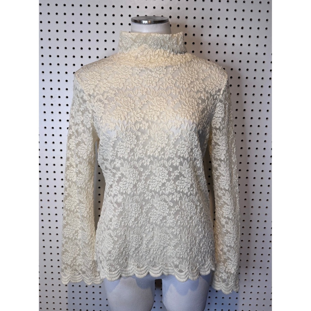 Vintage | 90s Y2K Metrostyle Cream Floral Lace Mock Neck Scalloped Hem Top Sz. M - Picture 1 of 8